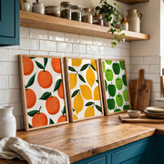 Market Fruits Set of 3 Prints displayed in a bright room, featuring colourful fruit-inspired wall art