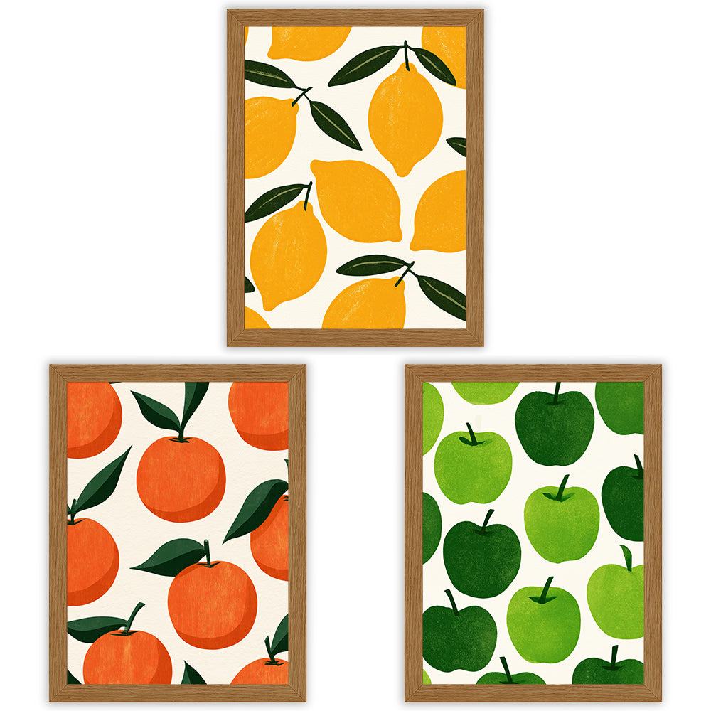 Market Fruits Set of 3 Prints showcasing colourful fruit illustrations in yellow, orange and green - Oak Frame