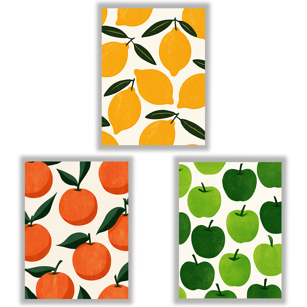 Market Fruits Set of 3 Prints showcasing colourful fruit illustrations in yellow, orange and green - Unframed Prints