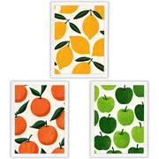Market Fruits Set of 3 Prints showcasing colourful fruit illustrations in yellow, orange and green - White Frame