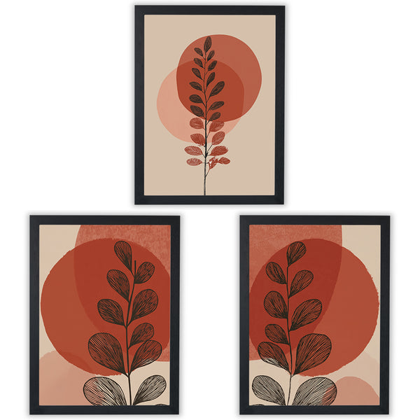 Sienna Forms set of 3 prints, leafy stems over burnt orange and rust circles on beige, black frame