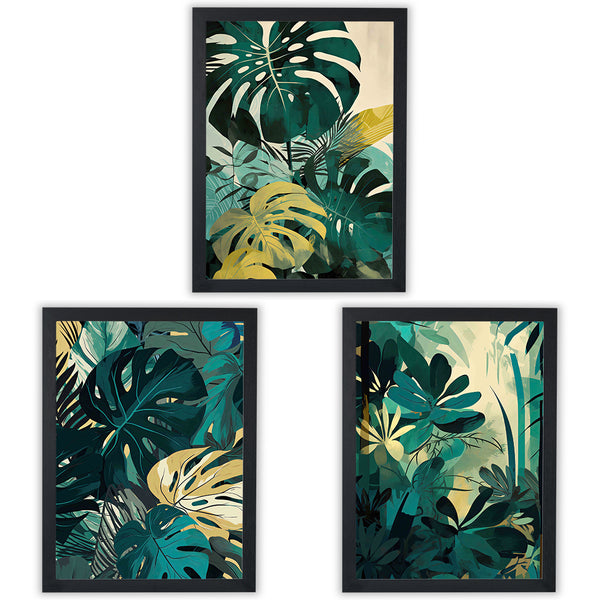 Tropical Modern set of 3 prints, layered monstera and jungle leaves in teal, emerald and gold, black frame