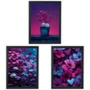 Velvet Garden Set of 3 Prints showcasing colourful floral and heart designs in pink, purple and blue - Black Frame