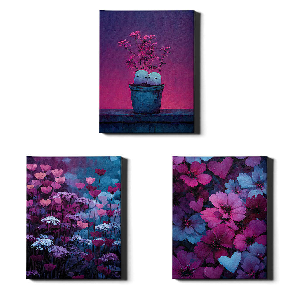 Velvet Garden Set of 3 Prints showcasing colourful floral and heart designs in pink, purple and blue - Wrapped Canvas