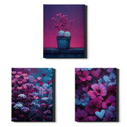 Velvet Garden Set of 3 Prints showcasing colourful floral and heart designs in pink, purple and blue - Wrapped Canvas