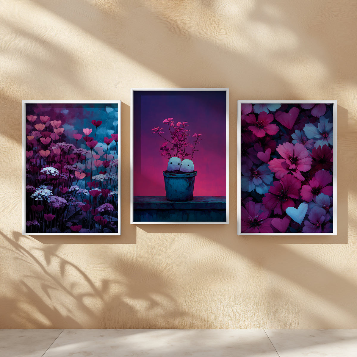 Velvet Garden Set of 3 Prints featuring vibrant flowers, heart motifs and rich jewel-toned colours