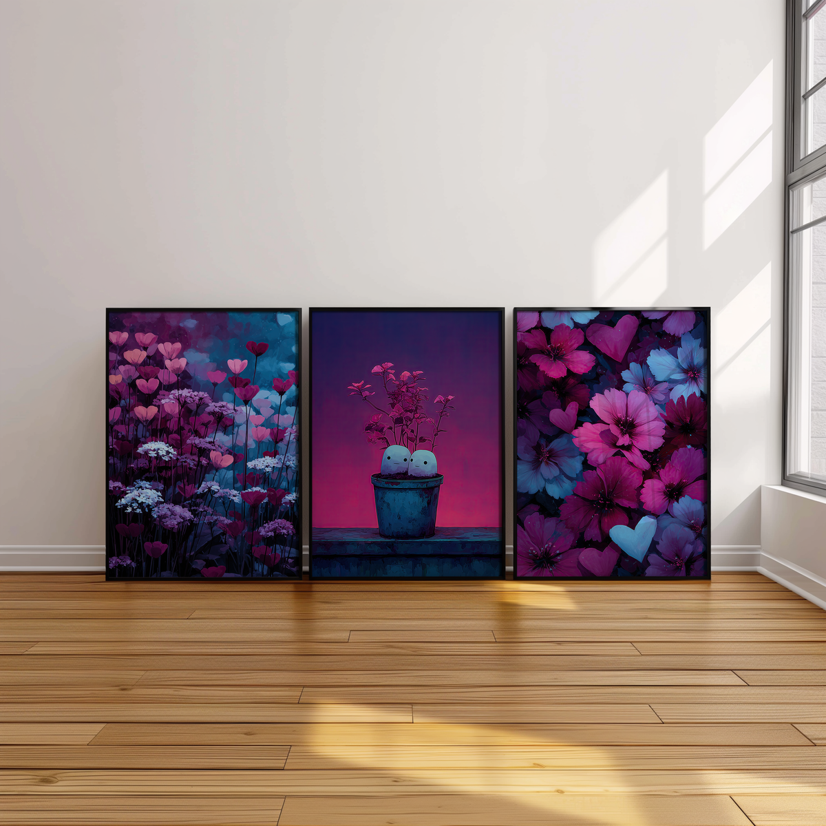 Velvet Garden Set of 3 Prints displayed in a bright room, featuring colourful floral and heart-inspired wall art