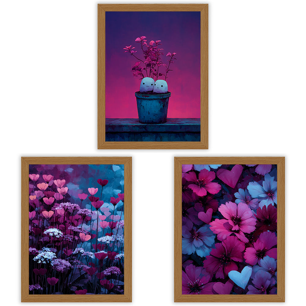Velvet Garden Set of 3 Prints showcasing colourful floral and heart designs in pink, purple and blue - Oak Frame