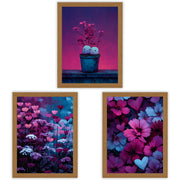 Velvet Garden Set of 3 Prints showcasing colourful floral and heart designs in pink, purple and blue - Oak Frame