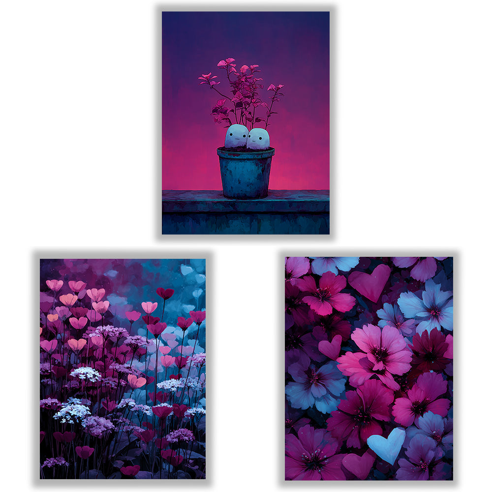 Velvet Garden Set of 3 Prints showcasing colourful floral and heart designs in pink, purple and blue - Unframed Prints