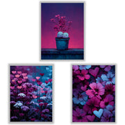 Velvet Garden Set of 3 Prints showcasing colourful floral and heart designs in pink, purple and blue - Unframed Prints