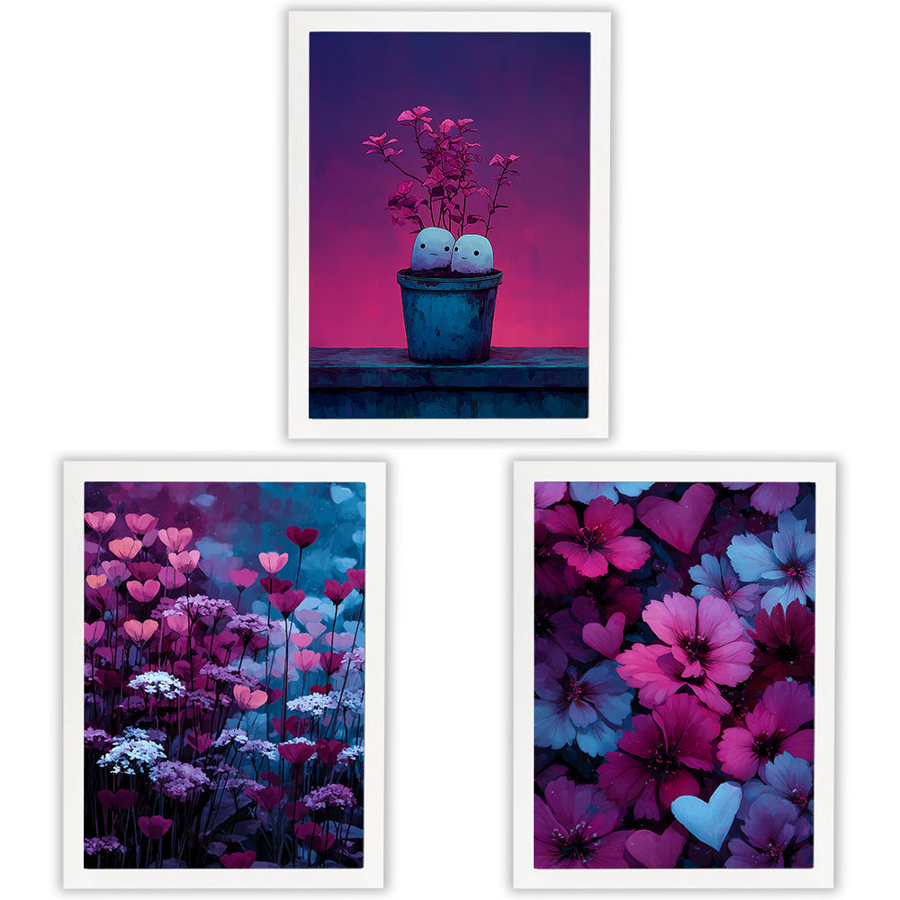 Velvet Garden Set of 3 Prints showcasing colourful floral and heart designs in pink, purple and blue - White Frame
