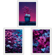 Velvet Garden Set of 3 Prints showcasing colourful floral and heart designs in pink, purple and blue - White Frame