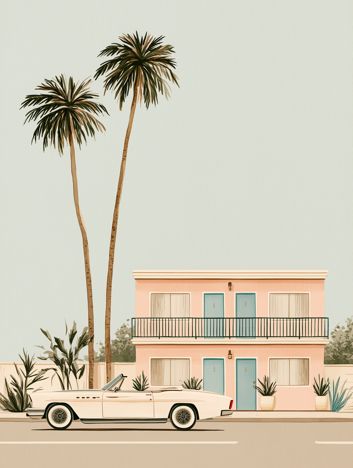 Vintage Wall Art - Illustrated retro print of a pink motel with palm trees and a parked car, no frame