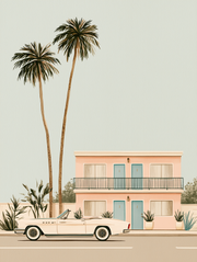 Vintage Wall Art - Illustrated retro print of a pink motel with palm trees and a parked car, no frame