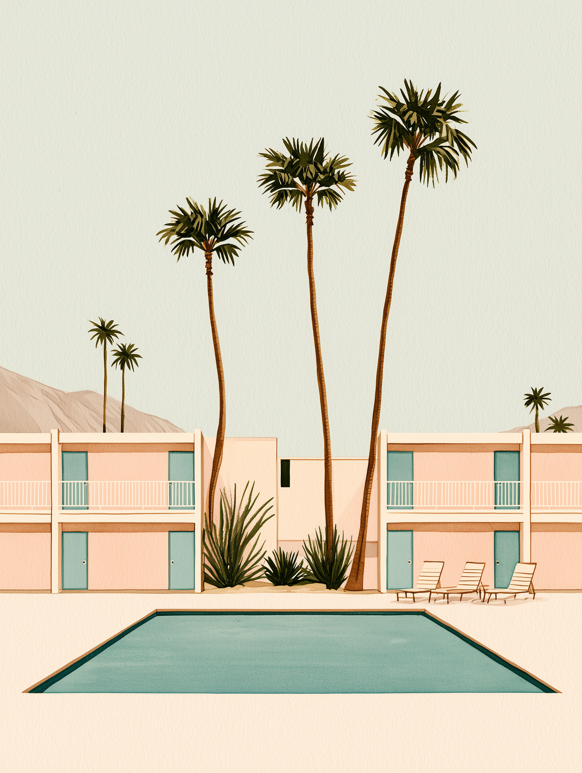 Vintage Wall Art -Illustrated retro print of a motel poolside scene with palm trees, pink and teal tones