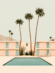 Vintage Wall Art -Illustrated retro print of a motel poolside scene with palm trees, pink and teal tones