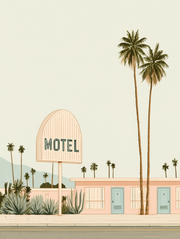 Vintage Wall Art featuring a classic motel sign framed by palms and soft pastel colours - Print Image