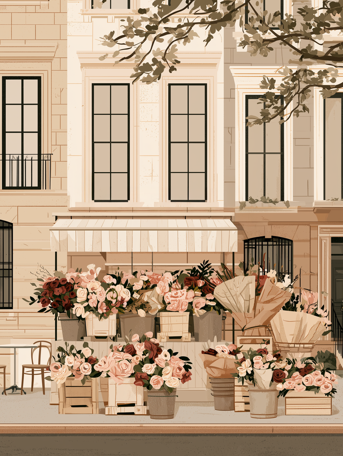 City Print showcasing a charming flower market in New York with vibrant blooms and classic architecture 