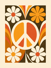 Retro wall art print of a peace sign surrounded by daisy flowers, orange and cream tones,