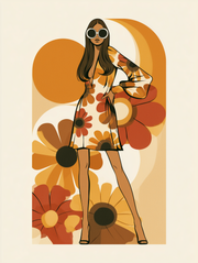 Retro wall art print of a woman with an afro surrounded by orange and brown circular flower shapes