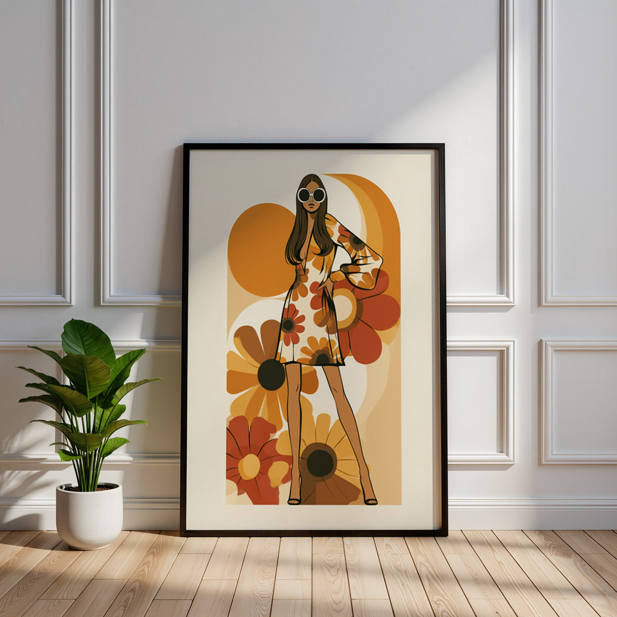 Retro wall art print of a woman with an afro surrounded by orange and brown circular flower shapes