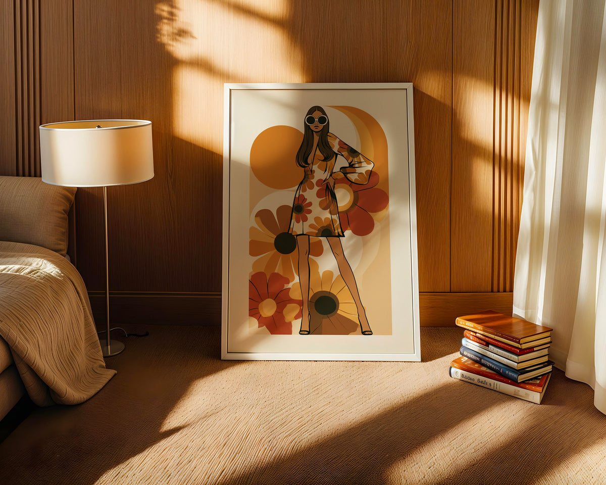 Retro wall art print of a woman with an afro surrounded by orange and brown circular flower shapes