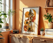 Retro wall art print of a woman with an afro surrounded by orange and brown circular flower shapes