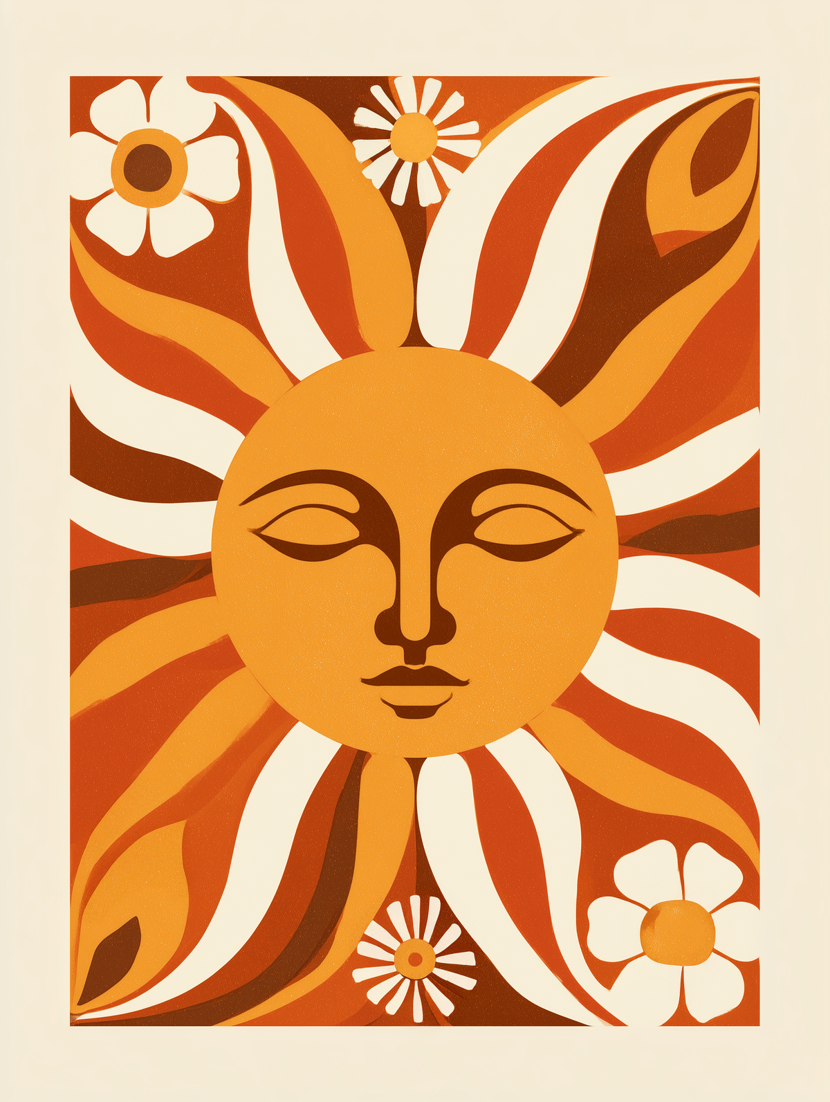Retro sun wall art print featuring a vibrant sun face and cheerful daisies in warm colours - Print Image