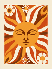Retro sun wall art print featuring a vibrant sun face and cheerful daisies in warm colours - Print Image