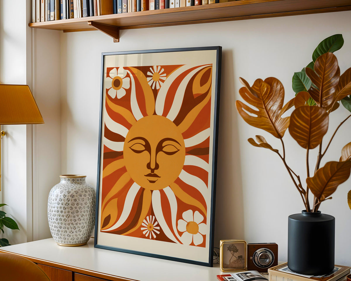 Retro wall art print featuring a vibrant sun face and cheerful daisies in warm colours  - Lifestyle Image