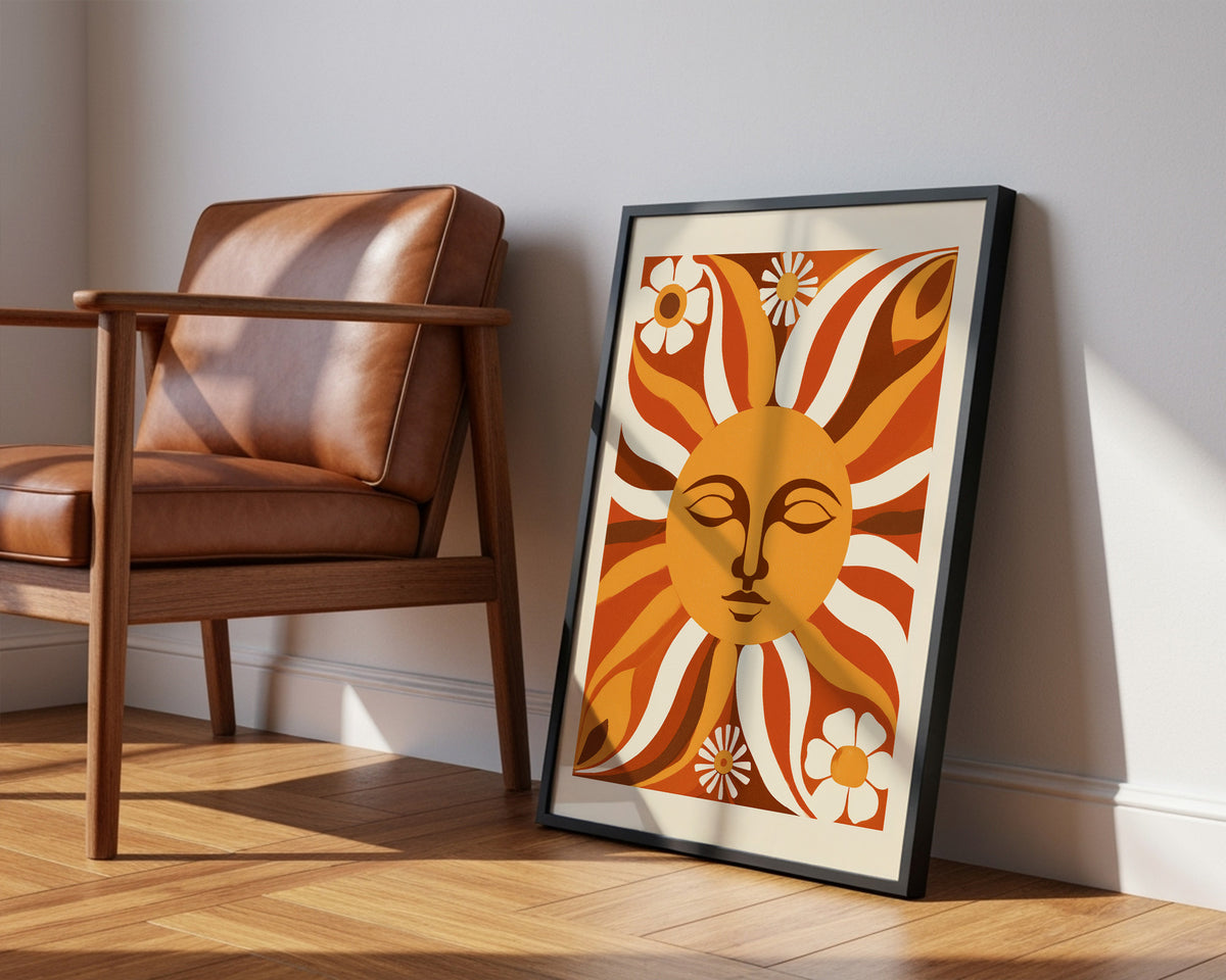 Retro wall art print featuring a vibrant sun face and cheerful daisies in warm colours  - Lifestyle Image