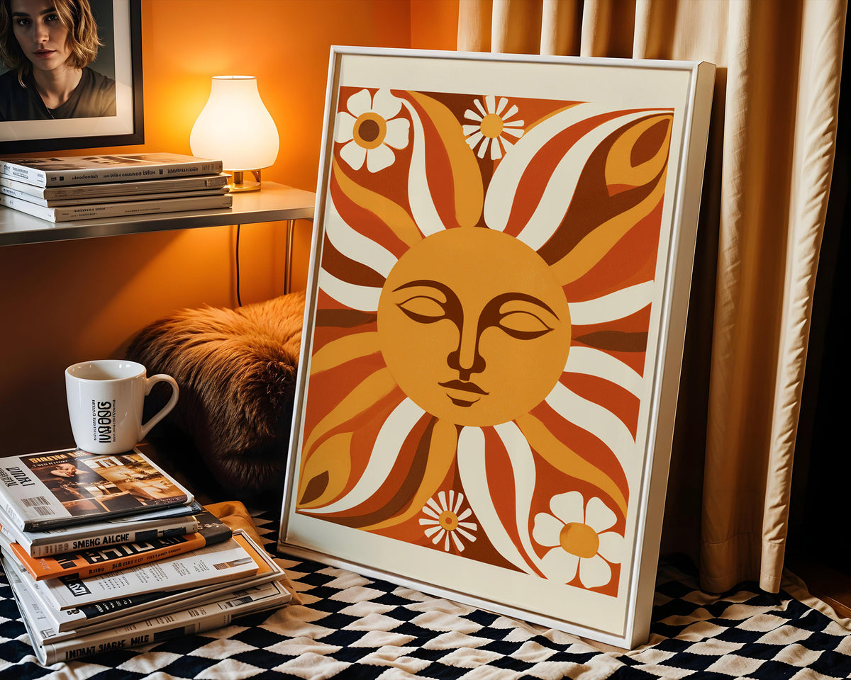 Retro wall art print featuring a vibrant sun face and cheerful daisies in warm colours  - Lifestyle Image