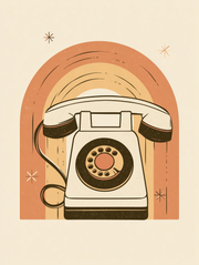 Retro wall art print of a vintage rotary telephone, orange and cream tones