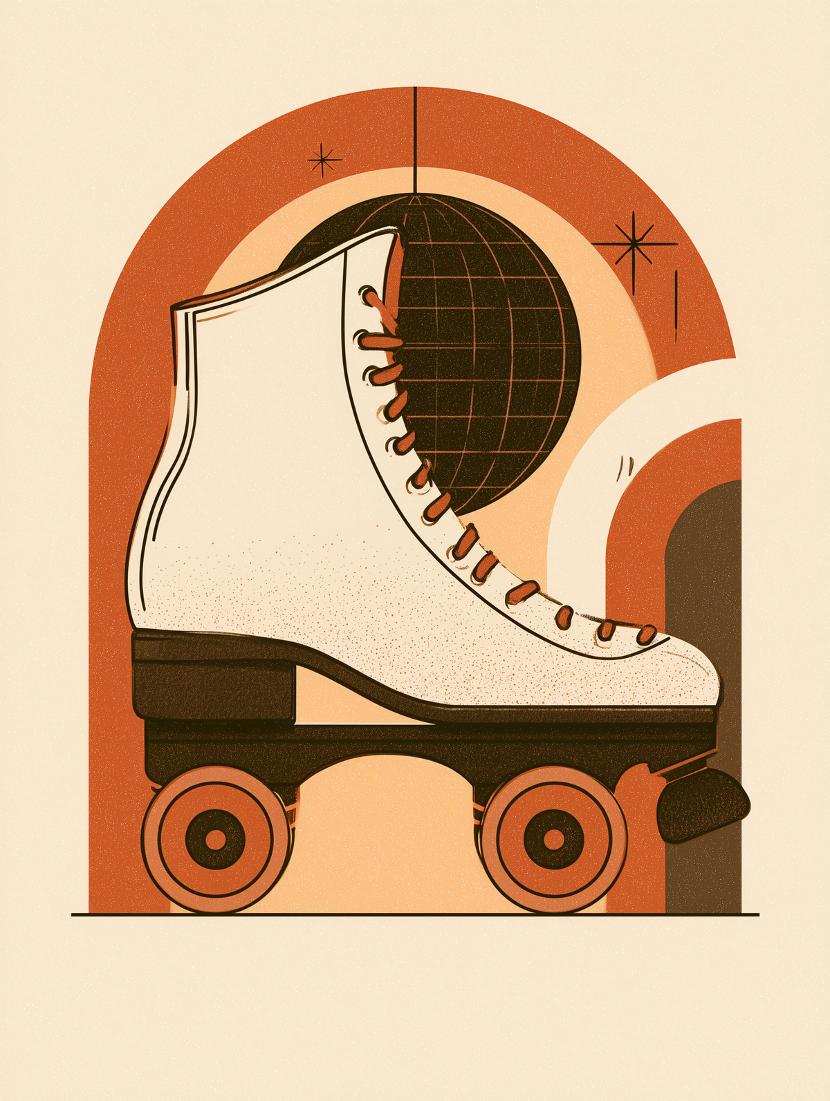 Retro wall art print of a roller skate illustration, orange and cream tones