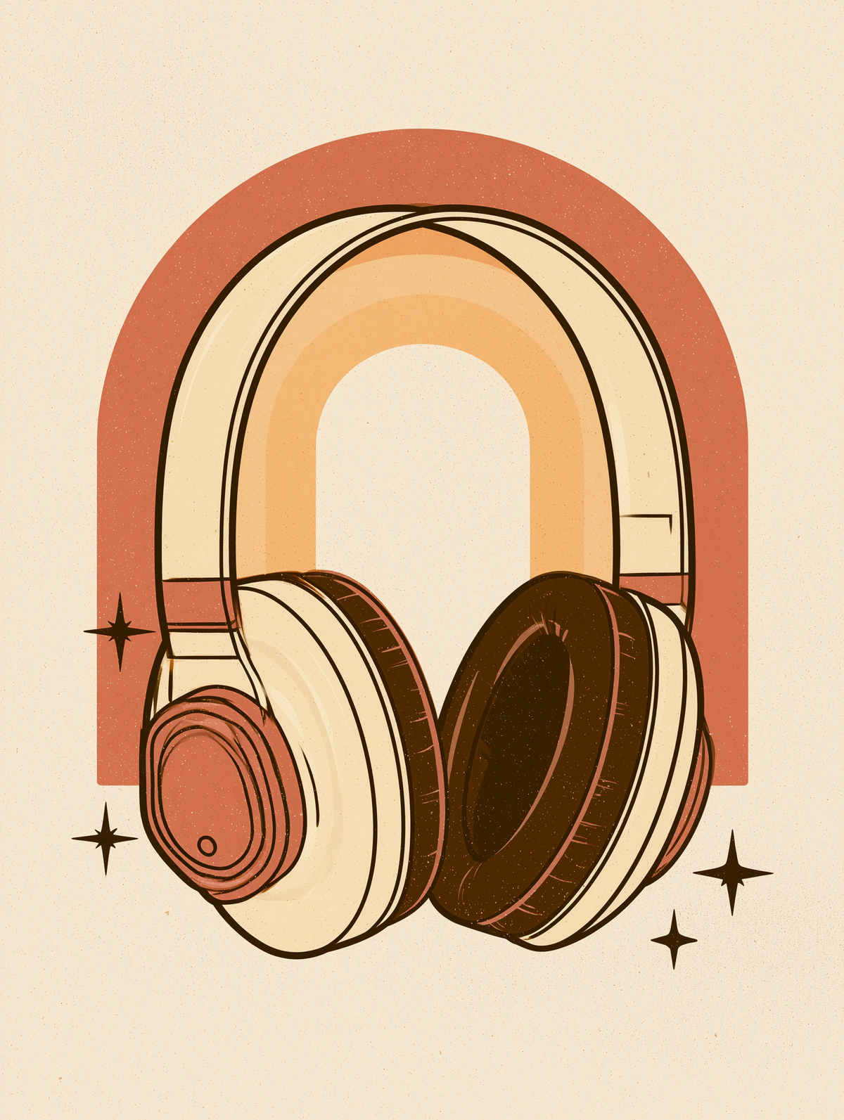 Retro Headphones Wall Art featuring oversized vintage headphones against retro arch design - Print Image