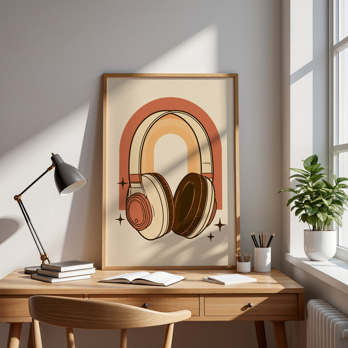 Retro Wall Art featuring oversized vintage headphones against retro arch design - Lifestyle Image