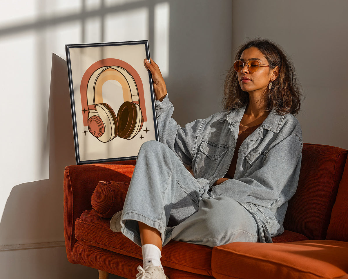 Retro Wall Art featuring oversized vintage headphones against retro arch design - Lifestyle Image