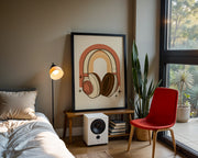 Retro Wall Art featuring oversized vintage headphones against retro arch design - Lifestyle Image