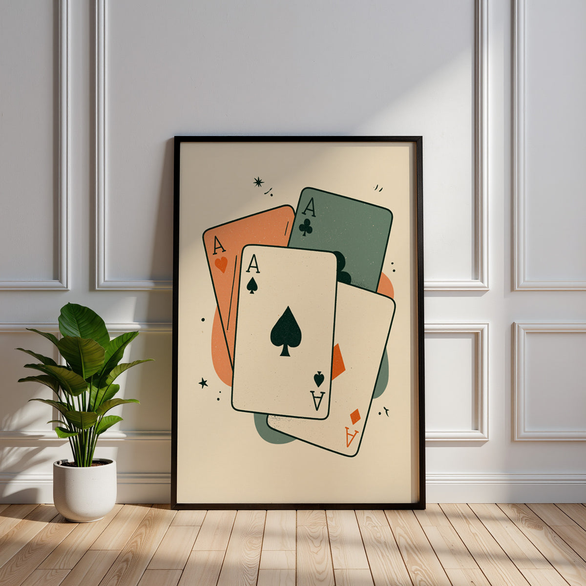 Retro wall art print of playing cards showing four aces fanned out