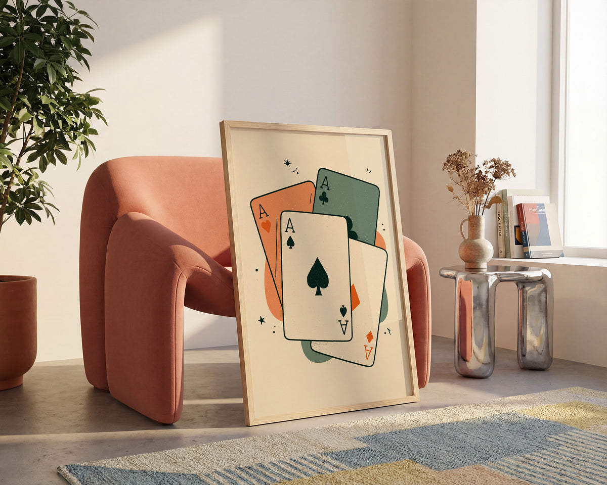 Retro wall art print of playing cards showing four aces fanned out