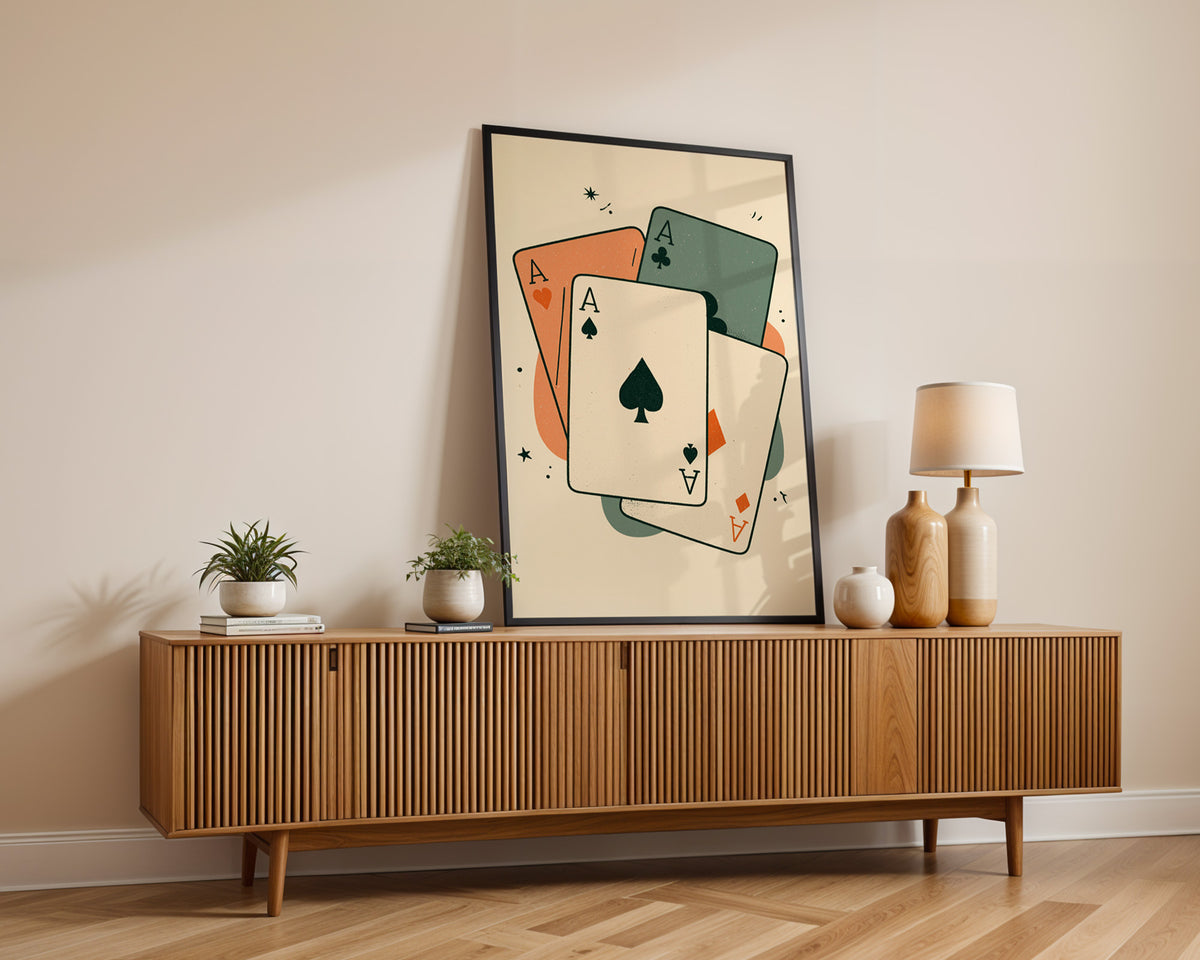 Retro wall art print of playing cards showing four aces fanned out