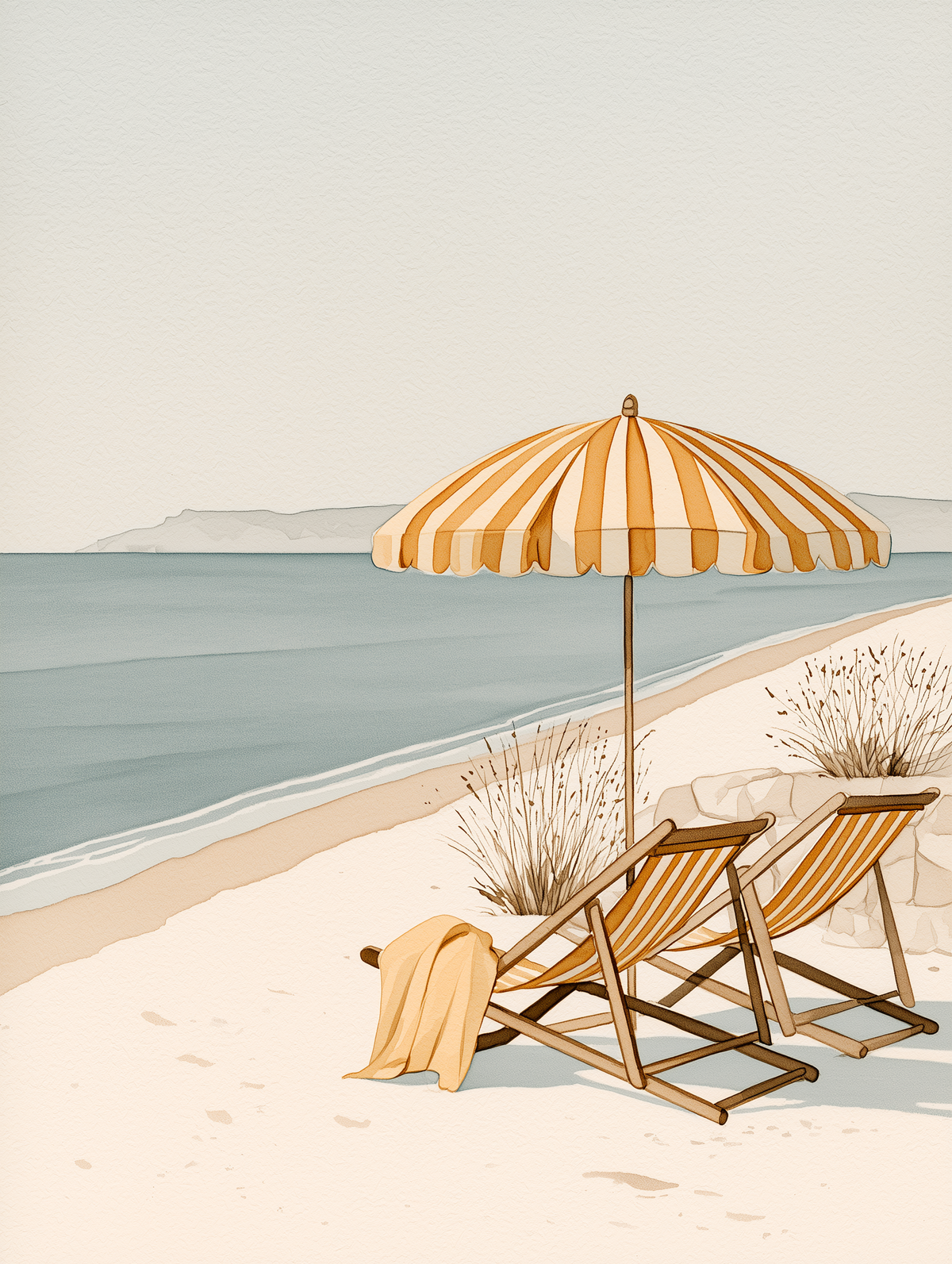 Coastal Wall Art Print featuring deckchairs under a golden parasol by the serene beach and calm blue waters - Print 
