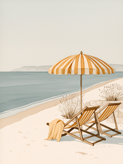 Coastal Wall Art Print featuring deckchairs under a golden parasol by the serene beach and calm blue waters - Print 