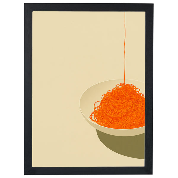 Pasta Night kitchen print, bowl of orange spaghetti on yellow, in a black frame