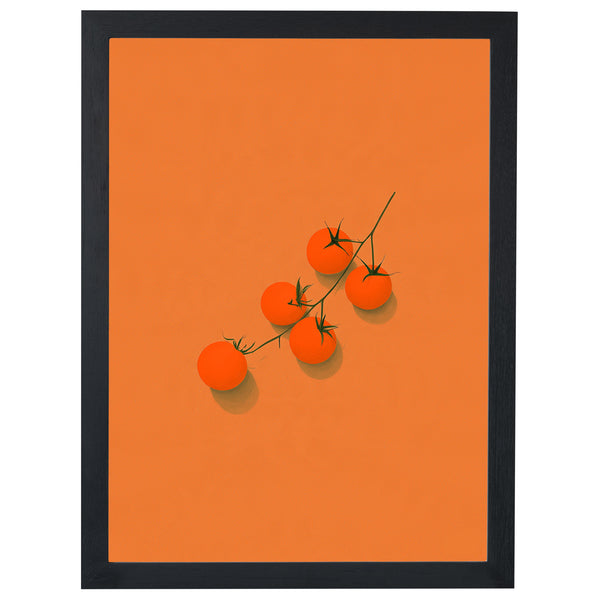Pomodoro kitchen print, vine of tomatoes on orange, in a black frame