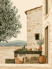 Olive Terrace Tuscany print, stone house and terrace by an olive tree
