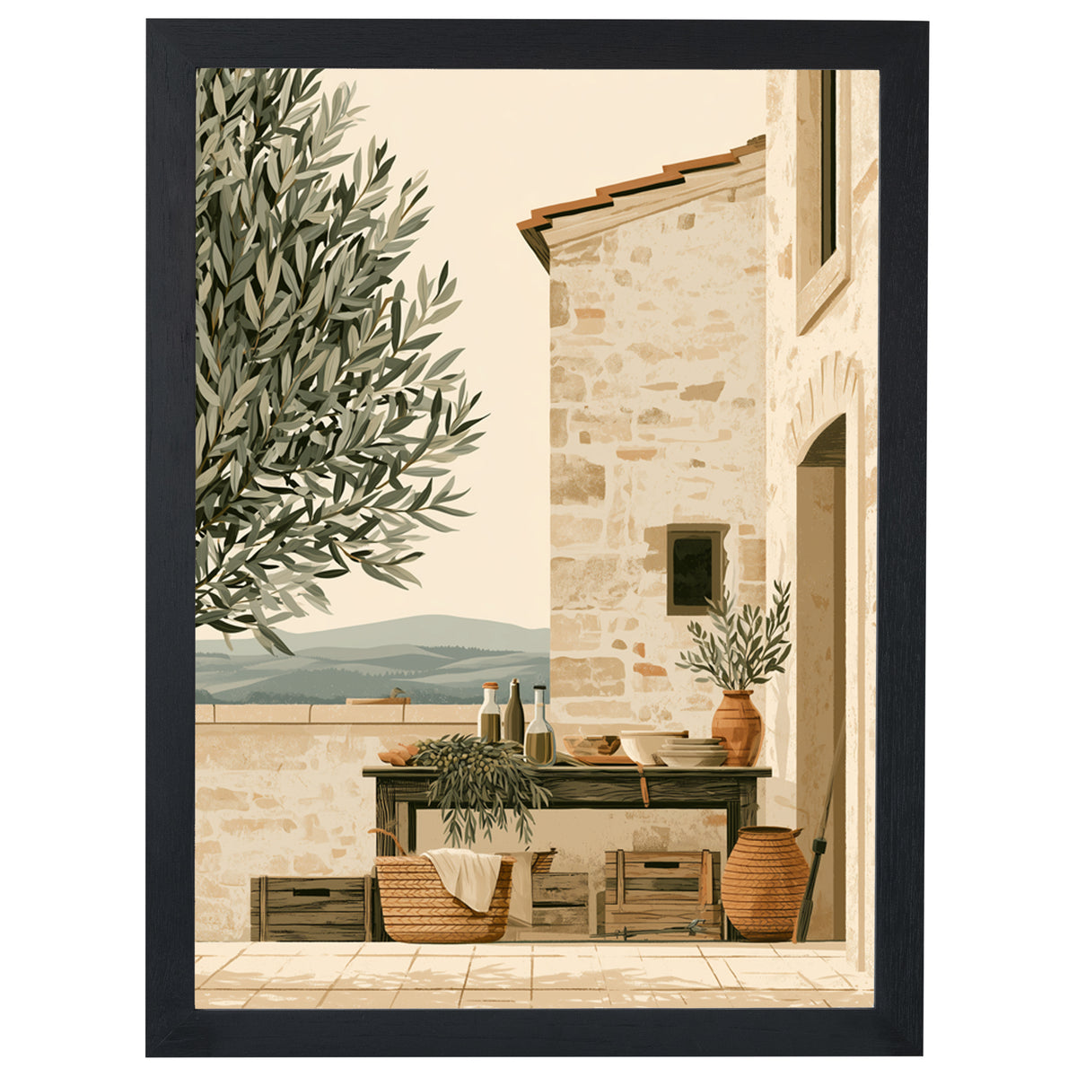 Olive Terrace Tuscany print, stone house and terrace by an olive tree, in a black frame