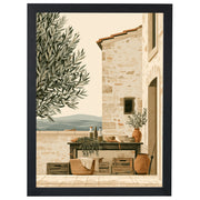 Olive Terrace Tuscany print, stone house and terrace by an olive tree, in a black frame