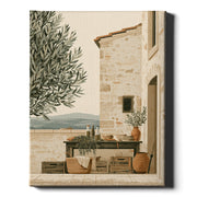Olive Terrace Tuscany print, stone house and terrace by an olive tree, on wrapped canvas